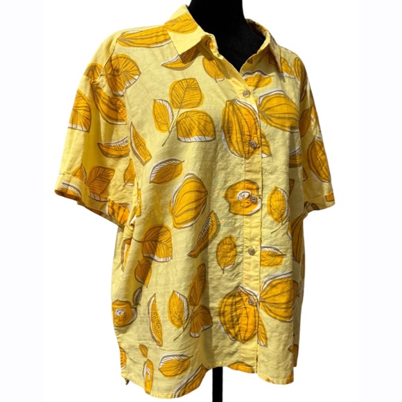 Eddie Bauer Baja Butttercup Yellow Fruit Print‎ Shirt Women’s Large Short Sleeve - Picture 3 of 9